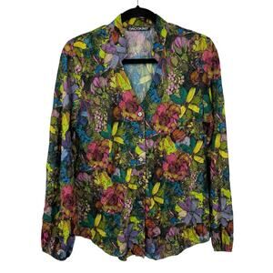 Sno Skins Button Up Shirt Medium Colorful Floral Crinkle Balloon Sleeve SnoSkins